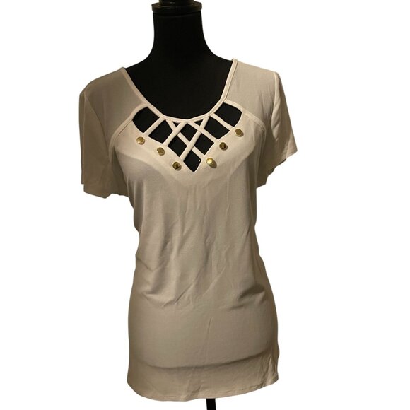 CRISSCROSS CUTOUT SHORT SLEEVE BLOUSE - Picture 1 of 2